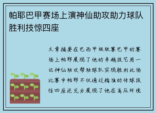 帕耶巴甲赛场上演神仙助攻助力球队胜利技惊四座