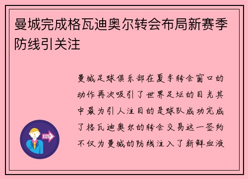 曼城完成格瓦迪奥尔转会布局新赛季防线引关注